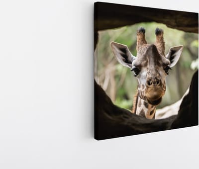 Saammp Canvas Schilderij - Glurende Giraffe - Doorkijk - Dieren - 20x20 - Foto op canvas - Wanddecoratie - Muurdecoratie Woonkamer - Slaapkamer decoratie - Canvas Print