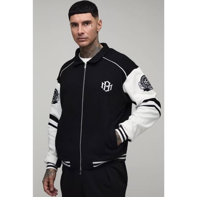 Lang Boxy Fit Jack Met Kraag En Kleurblokken In Varsity Jersey Stijl | Black | Size Small