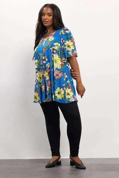 Yours Blauwe Top Met Bloemenprint En Plooien Aan De Voorkant Size 50-52