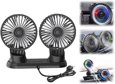 Draagbare 3-snelheden autoventilator met dubbele kop, 360° draaibaar voor auto, vrachtwagen en kamperen