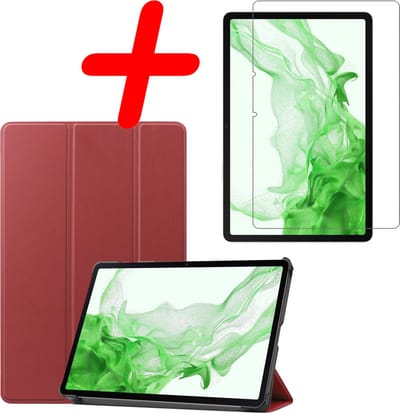 Hoesje Geschikt voor Samsung Galaxy Tab S8 - Met Screenprotector - Trifold Bookcase - Hard Cover - Hardcover Book Case - Tablet Hoes - Donkerrood
