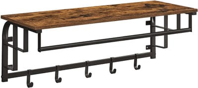 Wandplank met 5 Haken en Stang – Rustiek Houten Design met Metaal – Praktische Oplossing voor Hal, Gang, Kantoor of Badkamer – Stabiele Plank voor Jassen, Mantels, Sleutels en Meer, 80 x 30 x 27 cm