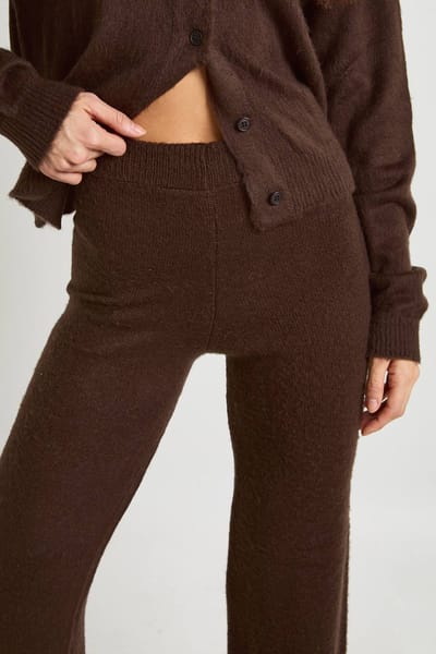 boohoo Dames Tall Zachte Gebreide Doorknoop Cardigan en Wijde Pijpen Broek Co-Ord | Chocolate | Maat: Small