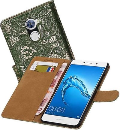 Lace Bookstyle Wallet Case Hoesjes Geschikt voor Huawei Y7 / Y7 Prime Donker Groen
