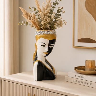 Zirkle Buste Bloempot Vrouw – Decoratief Beeld Hoofd – Zwart Wit Goud – Keramische Vaas / Plantenpot – Luxe Woondecoratie – Vrouwenbuste met Bladkroon – Sierobject voor Woonkamer, Hal & Slaapkamer – 24 cm