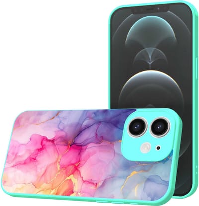 Smartphonica Telefoonhoesje Geschikt voor iPhone 12 met Regenboog Marmer opdruk - TPU Back Cover Case Rainbow Marble Design - Turquoise geschikt voor iPhone 12