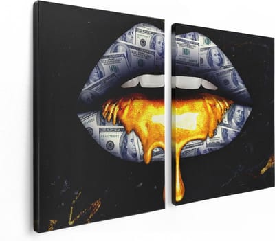 Artaza Canvas Schilderij Tweeluik Dollar Lippen Met Goud - 120x80 - Foto Op Canvas - Canvas Print