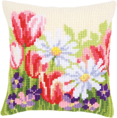 Vervaco - Kruissteekkussen kit - Lente bloemenveld - PN-0163859 - Borduren - Borduurpakket - Borduurpakket volwassenen - Borduurpakket kind