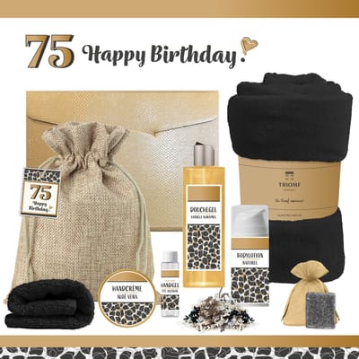 Geschenkset “75 Jaar Happy Birthday!” - 8 producten - 1210 gram - Triomf Cosmetica | Luxe wellness cadeaubox voor haar Giftset Verjaardag Cadeau Pakket Gefeliciteerd Speciaal Verjaardagscadeau Vrouw Seventy five Gift Set Party Panter Zwart Goud