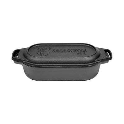 Valhal Outdoor - Braadpan / Dubbele Skillet 1L - Kleine Dutch Oven, gietijzer, ovaal, grillpatroon, VH1L