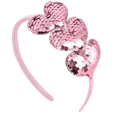 Lichtroze glinsterende haarband met pailletten harten – meisjes diadeem – feestelijk haaraccessoire met 3 hartvormige versieringen
