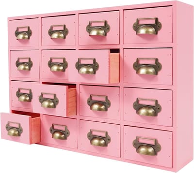 Houten Ladebox met 16 Lades, 50 x 10 x 35 cm, Organiser voor Kantoor en Thuis, Roze, Ideaal voor Medicijnen en Kantoorbenodigdheden
