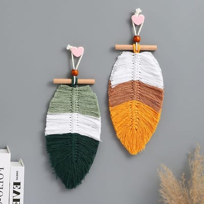 2 Stuks Macrame Wanddecoratie in Bladvorm, 26x13cm, Stijlvolle Wandversiering voor Thuis, Slaapkamer, Woonkamer en Kantoor
