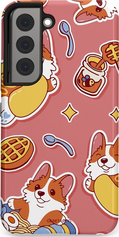 Casetastic Hoesje Geschikt voor Samsung S22 - Stijlvolle Beschermende Duo-layer Case - Corgi snacks