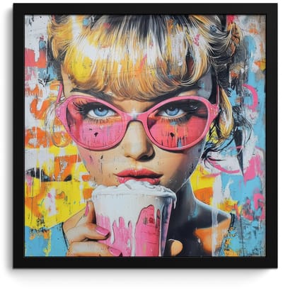 Poster in lijst - Fotolijst 40x40 cm - Posters - Expressief - Milkshake - Vrouw - Felle kleuren - Posterlijst zwart - Decoratie - Wanddecoratie woonkamer - Muurdecoratie slaapkamer