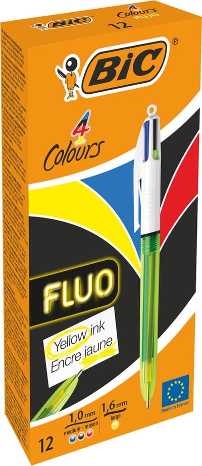 BIC 4 Kleuren Fluo Uitschuifbare Balpennen - Doos van 12 Stuks - 1Zwarte 1Blauwe 1Rode Punt van 1 mm en 1Fluorescerende Gele Punt van 1.6 mm
