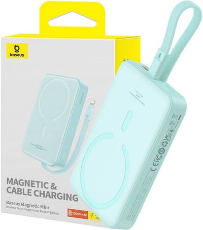 Baseus - Magnetic - Mini MagSafe 10000mAh 20W powerbank met ingebouwde Lightning-kabel - blauw + Baseus Simple Series USB-C - USB-C 60W 0,3m kabel