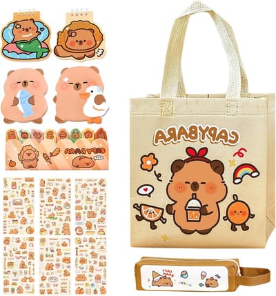 Kawaii Stationery Set met Capybara Design, Potloodetui, Zelfklevende Notities, Stickers en Notitieboek voor Kinderen en Schoolgebruik