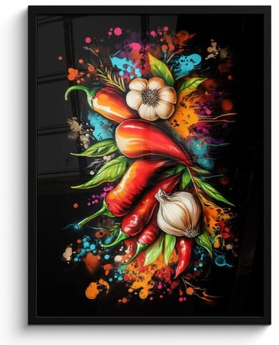 Poster in lijst - Fotolijst 50x70 cm - Posters - Groente - Peper - Knoflook - Graffiti - Verf - Kleurrijk - Posterlijst zwart - Decoratie - Wanddecoratie woonkamer - Muurdecoratie slaapkamer
