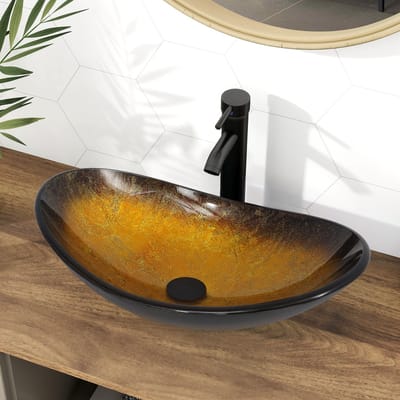 Puluomis Wastafel - Waskommen - Glas - Ovaal - Wastafelkraan zwart - Afvoerplug - Waterpijp - Gouden