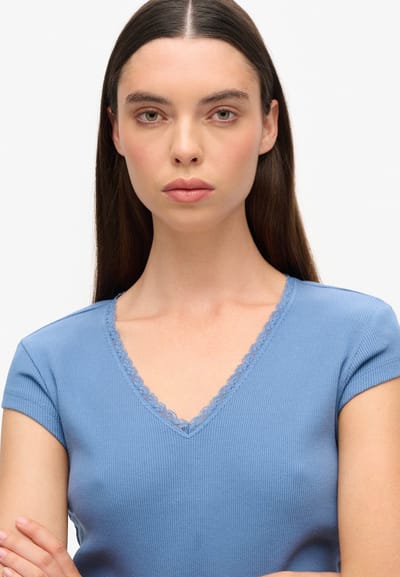 Superdry Athletic Essentials top met V-hals en Kanten Rand Blauw Grootte: 10-12