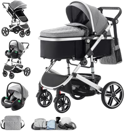 Mila Shop 3 in 1 Kinderwagen - Lichtgewicht - Draagbaar - Autostoel - Reiswieg - Wandelwagen - Verstelbaar handvat met klamboe - Aluminium frame - Zwart/Grijs