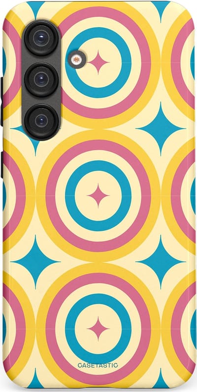 Casetastic hoesje geschikt voor Samsung Galaxy S25 - Dubbellaagse bescherming - Swinging Retro Boogie Circles - Fashion Case - Crème Goud Lichtblauw Koraal