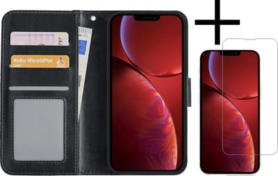 Hoesje - Met Screenprotector - Geschikt voor Apple iPhone 14 - Luxe Pasjeshouder - Bookcase Portemonee - Flip Case - Kunstleer Book Case - Flipcase - Book Cover - Walletcase - Portemonneehoes - Zwart