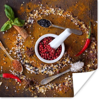 Poster Vijzel - Kruiden - Lepels - Specerijen - Bruin - Peper - 100x100 cm XXL