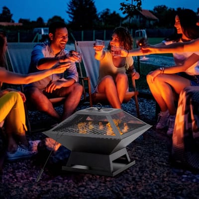 MEUNIQ vuurschaal met grillrooster en vonkenscherm 45 x 45 x 34 cm staal zwart, met pook voor verwarmen en grillen in tuin, terras of tijdens camping