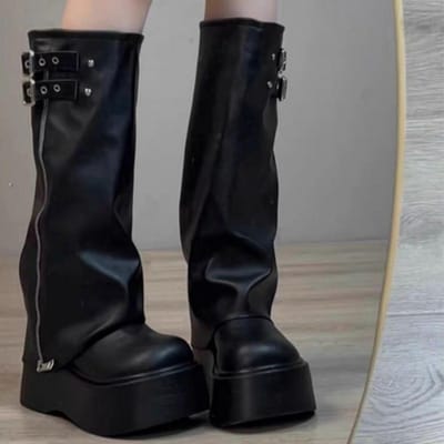 Punk Stijl Dames Kniehoge Laarzen Designer Riemgesp Platform Hak Schoenen Herfst Winter Lange Enkellaarsjes Nieuw 38 zwart