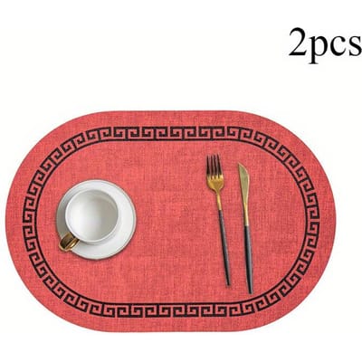 2 ovale placemats met stoffen patroon, bedrukte thermisch isolerende matten, eettafelmatten, hoogwaardige hittebestendige tafelmatten, Scandinavische leren placemats rood