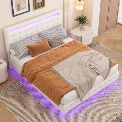 HAUSS SPOLE Tweepersoonsbed 140x200 cm - Gestoffeerd Bed Met Verstelbaar Hoofddeel En LED-Verlichting - Zwevend Bedframe - PU - Wit