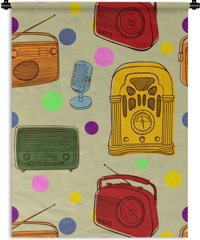Wandkleed - Wanddoek - Vintage - Radio - Microfoon - Patroon - 90x120 cm - Wandtapijt