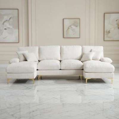 Luxe U-Vorm Hoekbank Chenille – 4-Zits Designbank met Verstelbare Zittingen – Grote Moderne Woonkamerbank – Beige House&Garden