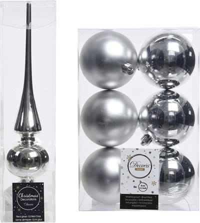 Kerstboom decoratie zilver piek en 6x kerstballen 8 cm