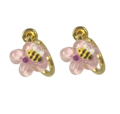 Klem oorringen- roze- bloem- bijtje- goudkleurig-geen gaatje-Charme Bijoux