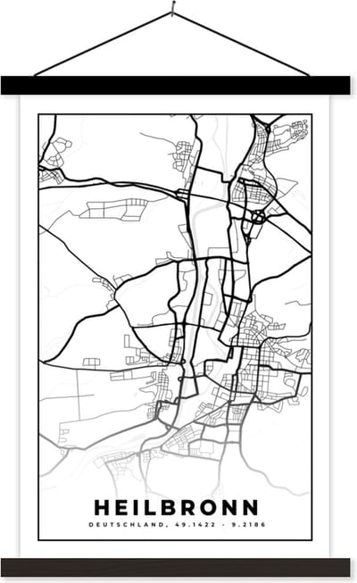 Posterhanger incl. Poster 40x60 cm - Schoolplaat - Kaart - Heilbronn - Plattegrond - Stadskaart - Textielposter - Zwarte latten - Stadskaart
