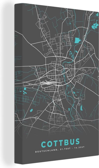 Canvas Schilderij Duitsland – Blauw – Cottbus – Stadskaart – Kaart – Plattegrond - 20x30 cm - Wanddecoratie