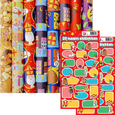 12 rollen Sinterklaas cadeaupapier / inpakpapier 70 x 300cm inclusief 40 naam labels