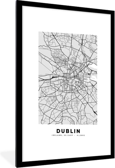 Fotolijst incl. Poster Zwart Wit- Dublin - Stadskaart - Zwart Wit - Plattegrond - Kaart - 60x90 cm - Posterlijst
