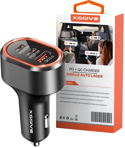 Xssive - Autolader 50W - 3 Poorten Snellader met Dubbele USB-C (30W PD) - Auto Oplader 12V/24V - USB Lader Auto