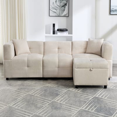 DESMIU Hoekbank 204 x 126 x 69 Cm - 3-Zits Met Opbergruimte En Verplaatsbare Voetbank - Voor Woonkamer En Kantoor - Chenille Beige
