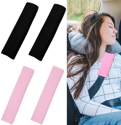Dailygoods- Gordelkussen 4 Stuks - Ademend Gordelbescherming - Klittenbandbevestiging - Zacht en Comfortabel - Geschikt voor Auto/Vrachtwagen - Zwart/Roze - Gordelbeschermer