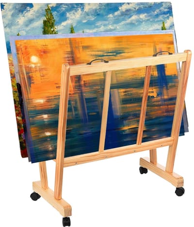 Sensova - Kunstprintrek van Grenenhout met Wielen - Verrijdbaar Opbergrek voor Schilderijen, Posters en Schoolborden - Stevig Display Rek met Antislip en 50 kg Draagvermogen - Ideaal voor Atelier, School en Galerie
