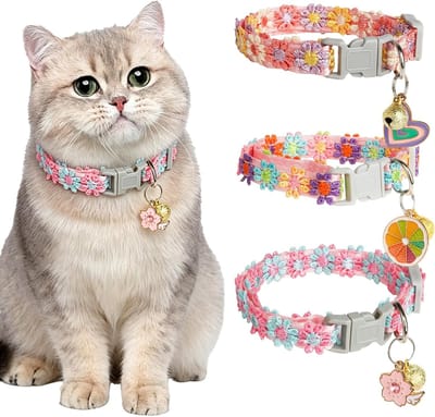 3 Stuks Bloemen Kat Halsbanden met Bel & Schattige Sierhangers - Verstelbaar Veiligheids Afbreekbaar Kitten Halsband - Kleurrijk Zacht Huisdier Halsband voor Poesjes