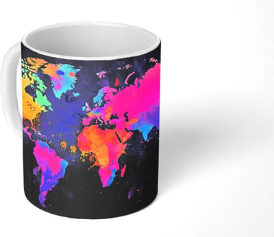 Mok - Koffiemok - Wereldkaart - Kleurrijk - Graffiti - Mokken - 350 ML - Beker - Koffiemokken - Theemok