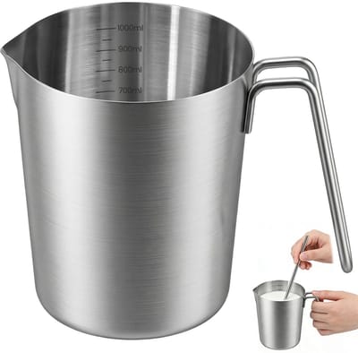 Maatbeker, 1 liter, mengbeker voor staafmixer, roestvrij staal, met meetschaal aan de binnenkant, druppelvrije schenktuit, vaatwasmachinebestendig, maatbekers voor thuis, keuken, restaurant