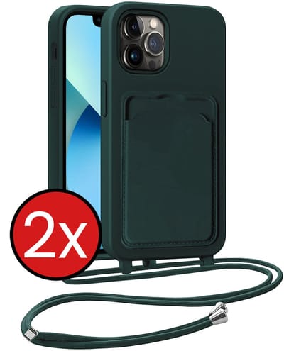 Hoesje Geschikt voor iPhone 13 Pro Hoesje Met Telefoonkoord en Pasjeshouder Siliconen - Hoes Geschikt voor iPhone 13 Pro Hoesje Met Kaarthouder Case - Donkergroen - 2 PACK