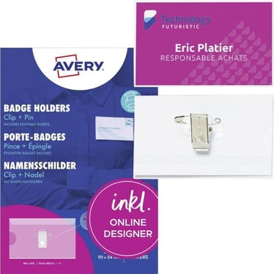 Avery Zweckform 4820 naambordjes 90 x 54 mm, transparant, clip+pin, 50 stuks met inlegkaartjes
